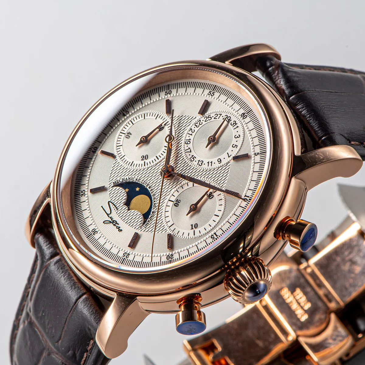 Sugess – montre-bracelet pour hommes, ST1908, mouvement à col de cygne, chronographe mécanique, véritable calendrier de phase de lune, cuir Vintage, nouveau 2026