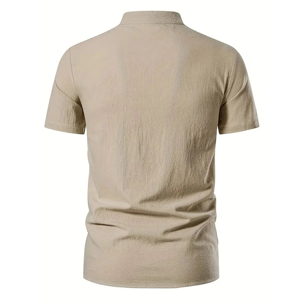 Chemise rétro à manches courtes pour hommes, en coton et lin, légère, respirante, couleur unie, hauts à la mode, col en v Pirate, chemises élégantes pour hommes