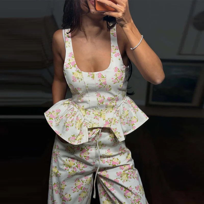 Ensemble pantalon long imprimé floral pour femme – Gilet élégant sans manches et dos nu avec pantalon large – Tenue chic pour les vacances d'été