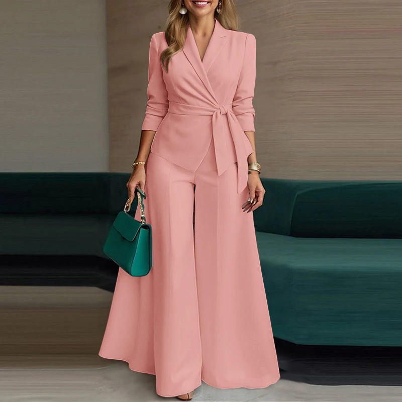 ZANZEA élégant 2 pièces pantalon ensembles à manches longues ceinturé léger Blazer et jambe large pantalon 2 pièces costumes bureau dame ensembles de déplacement