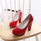 Escarpins à talons hauts pour femmes, chaussures De mariage blanches, talons épais De 10 CM, escarpins De fête à la mode, chaussures rondes noires et rouges