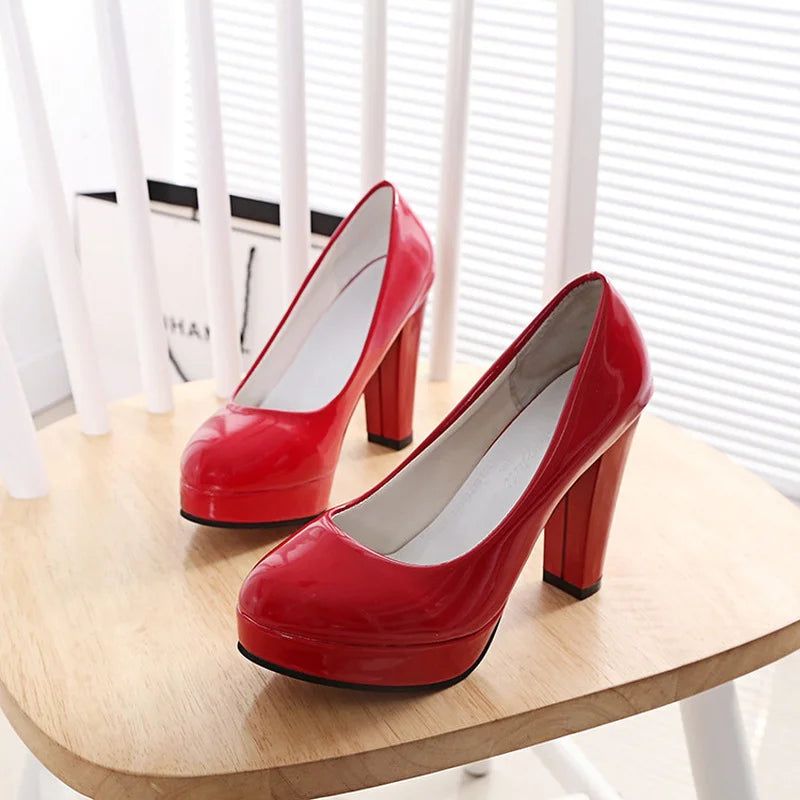 Escarpins à talons hauts pour femmes, chaussures De mariage blanches, talons épais De 10 CM, escarpins De fête à la mode, chaussures rondes noires et rouges