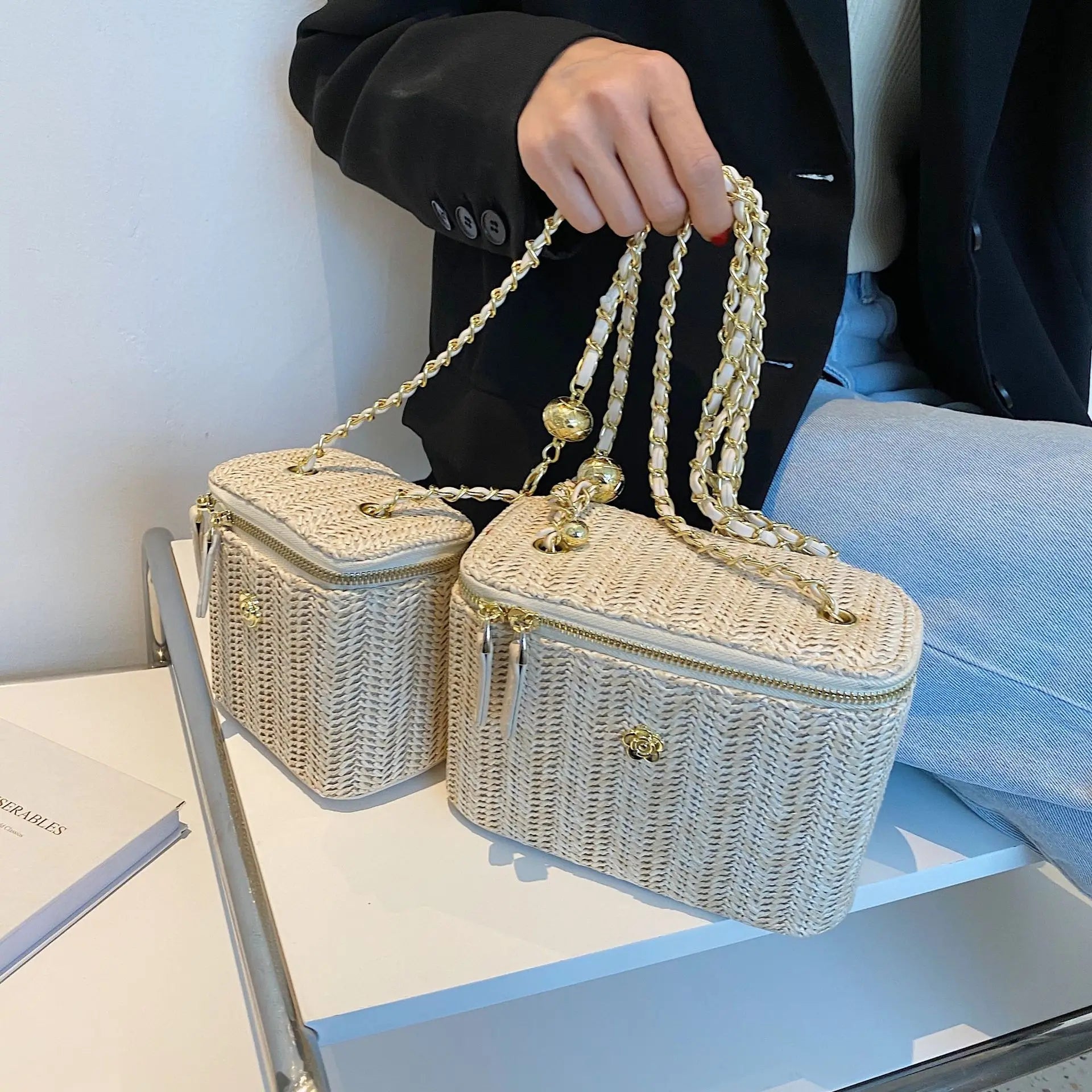 Mini sac à bandoulière seau en paille pour femmes, sacs à main et bourses de marque tissés avec chaîne à la mode, sacs à bandoulière simples, été 2026