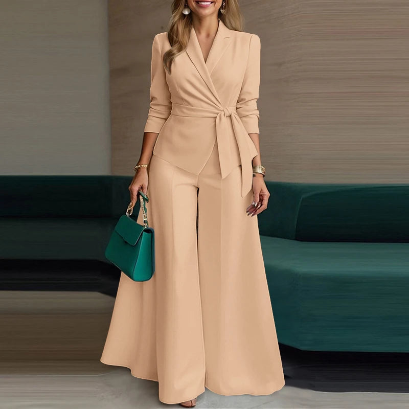 ZANZEA élégant 2 pièces pantalon ensembles à manches longues ceinturé léger Blazer et jambe large pantalon 2 pièces costumes bureau dame ensembles de déplacement