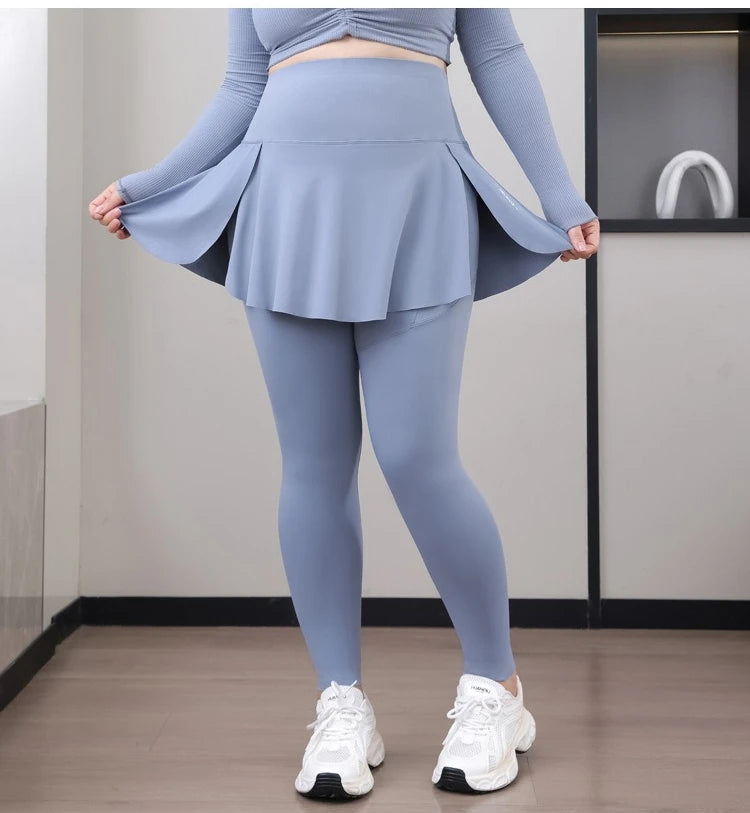 Leggings de Yoga faux deux articles, grande taille, 200lb, avec poches, jupe taille haute en peau de requin, pantalon d'entraînement, collants Slim