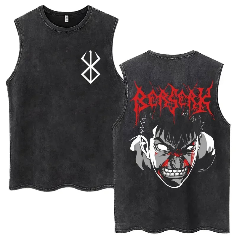 Anime Berserk Guts lavé Harajuku débardeurs rétro Manga Gatsu Griffith Zodd t-shirts sans manches unisexe coton surdimensionné T-Shirt