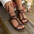 Sandales romaines tissées à la mode pour femmes, nouvelles sandales plates à lanières en T, grande taille, chaussures de plage confortables et antidérapantes pour dames, été 2026
