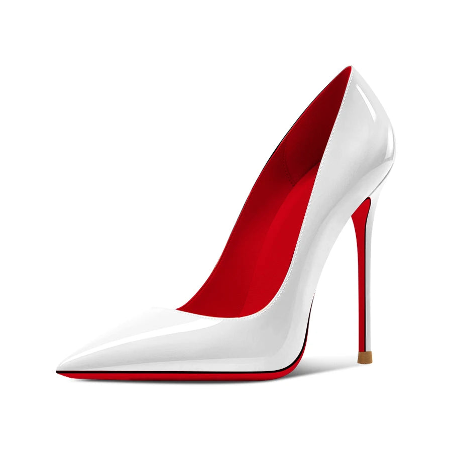 Nouveaux talons hauts noirs pointus de 12cm pour femmes, talons fins avec tempérament sexy, bouche peu profonde, chaussures simples à semelle rouge 34-46