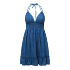 Robe de plage en V profond pour femmes, dos nu, sexy, dos nu, forme trapèze, mini robes à volants, couleur unie, vacances, été, 2026
