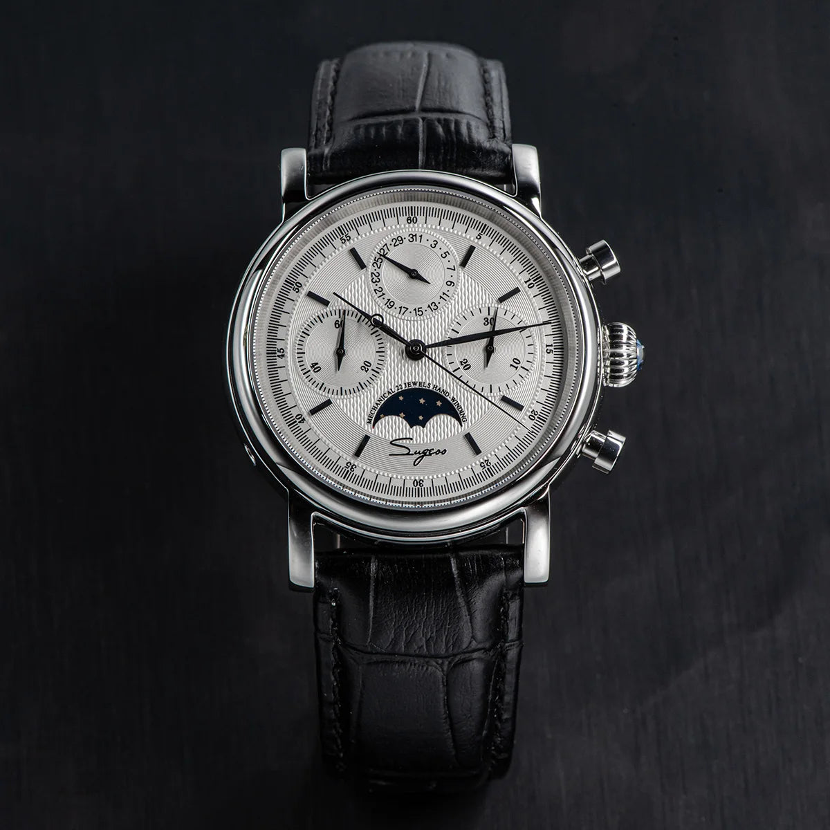 Sugess – montre-bracelet pour hommes, ST1908, mouvement à col de cygne, chronographe mécanique, véritable calendrier de phase de lune, cuir Vintage, nouveau 2026