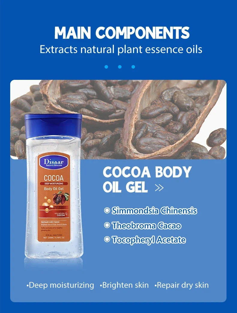Disaar-Huile essentielle à la vitamine C pour peau lisse, 200ml, extrait d'e Vera, anti-rides, hydratant, soins de la peau aux haricots de cacao