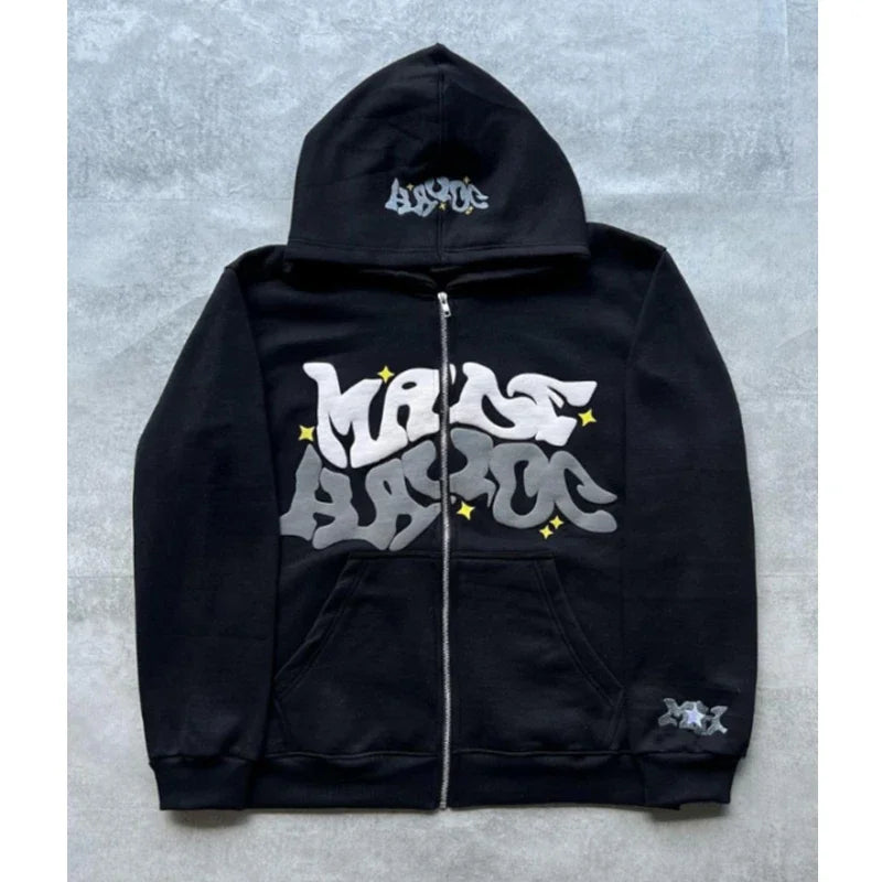 Sweat à capuche avec fermeture éclair pour femmes et hommes, rétro américain, étoile et lettres imprimées, Section printemps-automne Y2K, veste Cardigan de marque à la mode paresseuse