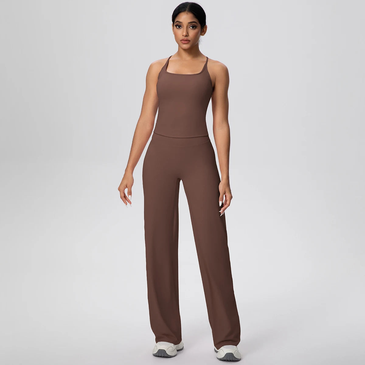 Ensemble de sport et Yoga pour femmes, 2 pièces, couleur unie, Slim, décontracté, gilet en forme de I avec coussinet de poitrine, séchage rapide, taille haute, pleine longueur