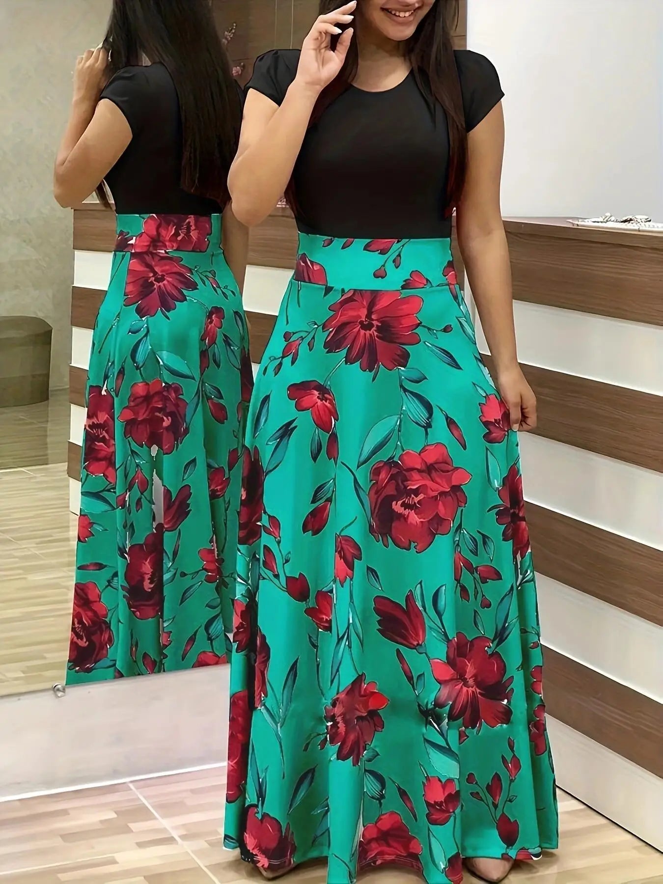Robe à manches courtes pour femmes, style européen et américain, imprimé floral, couleur assortie, grande jupe trapèze, 2024