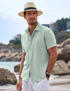 Chemise décontractée à manches courtes pour hommes, couleur unie, pull à boutons, lin, coton, confortable, haut quotidien, chemise de plage, d'été