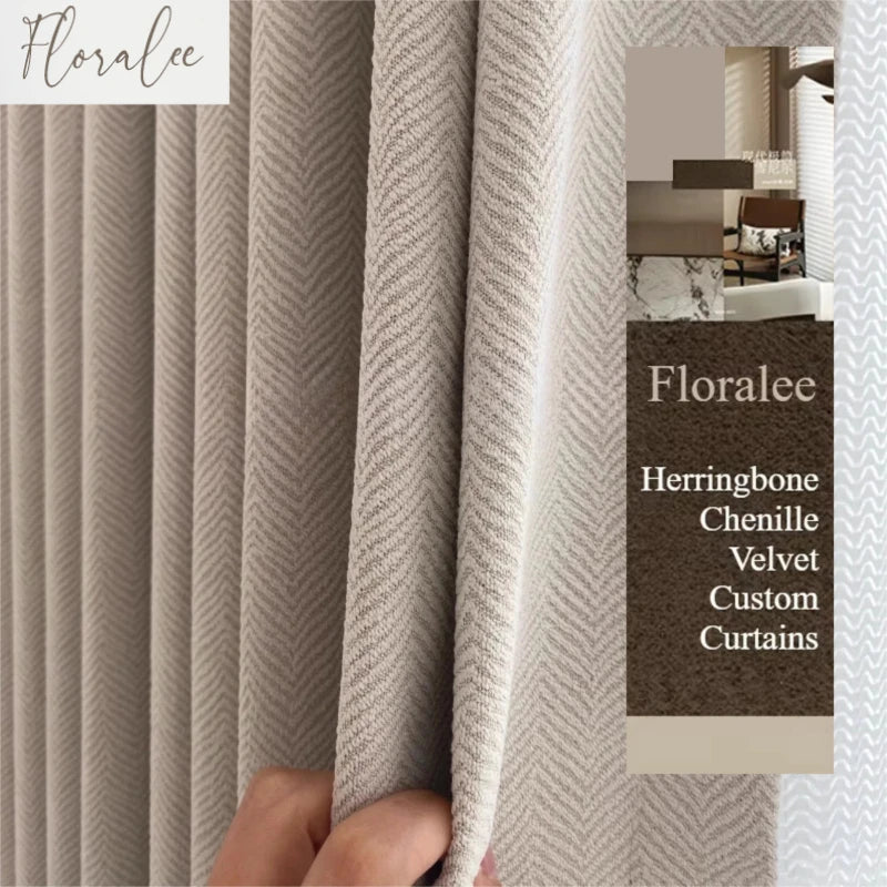 Rideaux en chenille beige épais à chevrons sur mesure pour salon, salle à manger, chambre à coucher – Décoration occultante de luxe et tendance