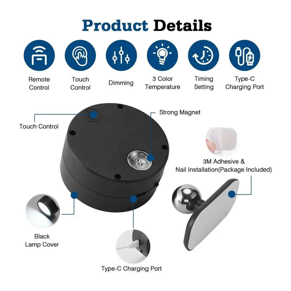 Applique murale LED magnétique, lumières magnétiques à intensité variable, 360 °   Lampe de nuit de projecteur d'armoire de télécommande tactile de rotation