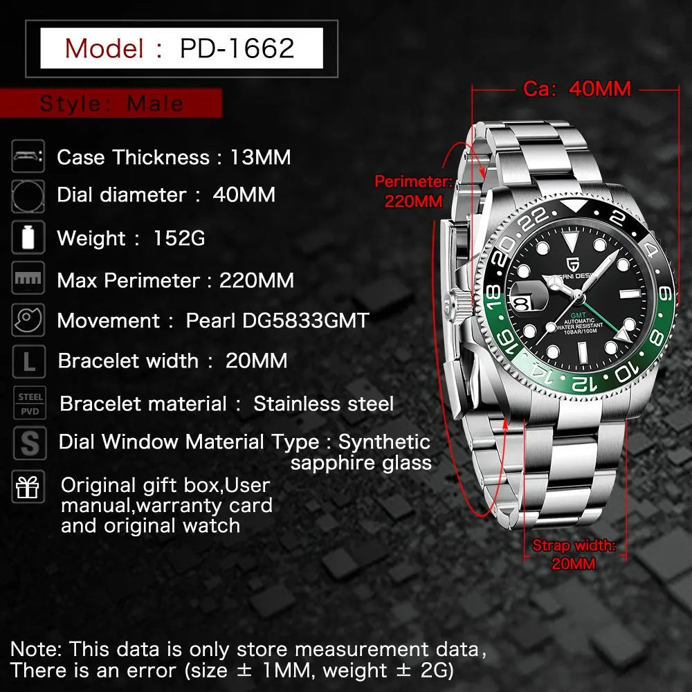 Nouvelle montre mécanique PAGANI DESIGN 40MM GMT, lunette en céramique saphir, montre automatique en acier inoxydable, étanche 100M
