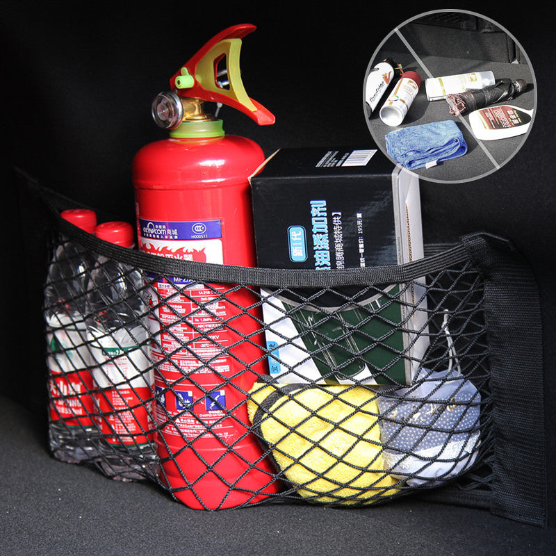 Filet de rangement pour coffre arrière de voiture, filet en maille pour siège, corde élastique, autocollant magique, sac de rangement universel, organisateur de poche pour voiture