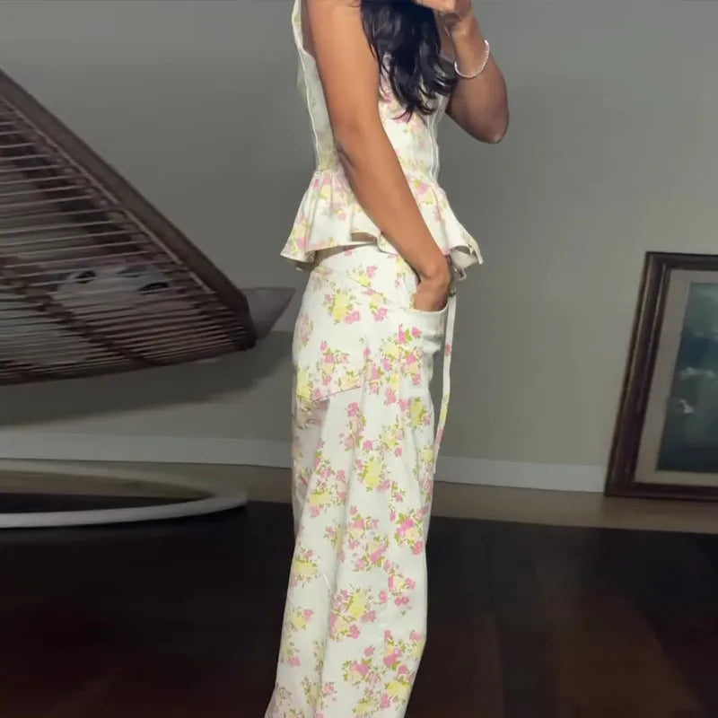 Ensemble pantalon long imprimé floral pour femme – Gilet élégant sans manches et dos nu avec pantalon large – Tenue chic pour les vacances d'été