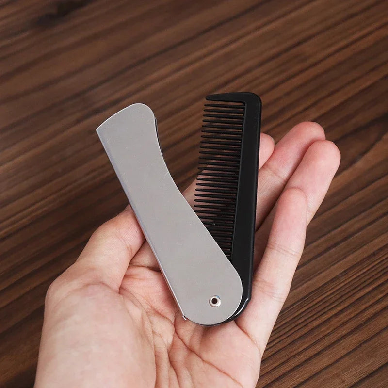 Peigne de poche pliable antistatique en acier pour hommes, tête d'huile, peigne à barbe Portable, outil de coiffure pliable, spécial pour perruques de vrais cheveux, 1 pièce