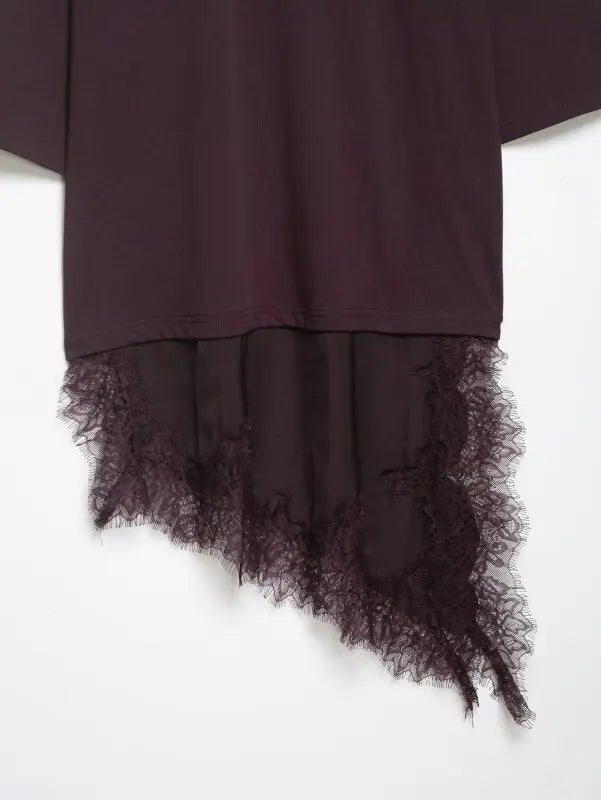 T-shirt asymétrique à manches mi-longues pour femmes, avec garniture en dentelle, pour la rentrée scolaire, tenue décontractée quotidienne, haut polyvalent à la mode, 4 couleurs