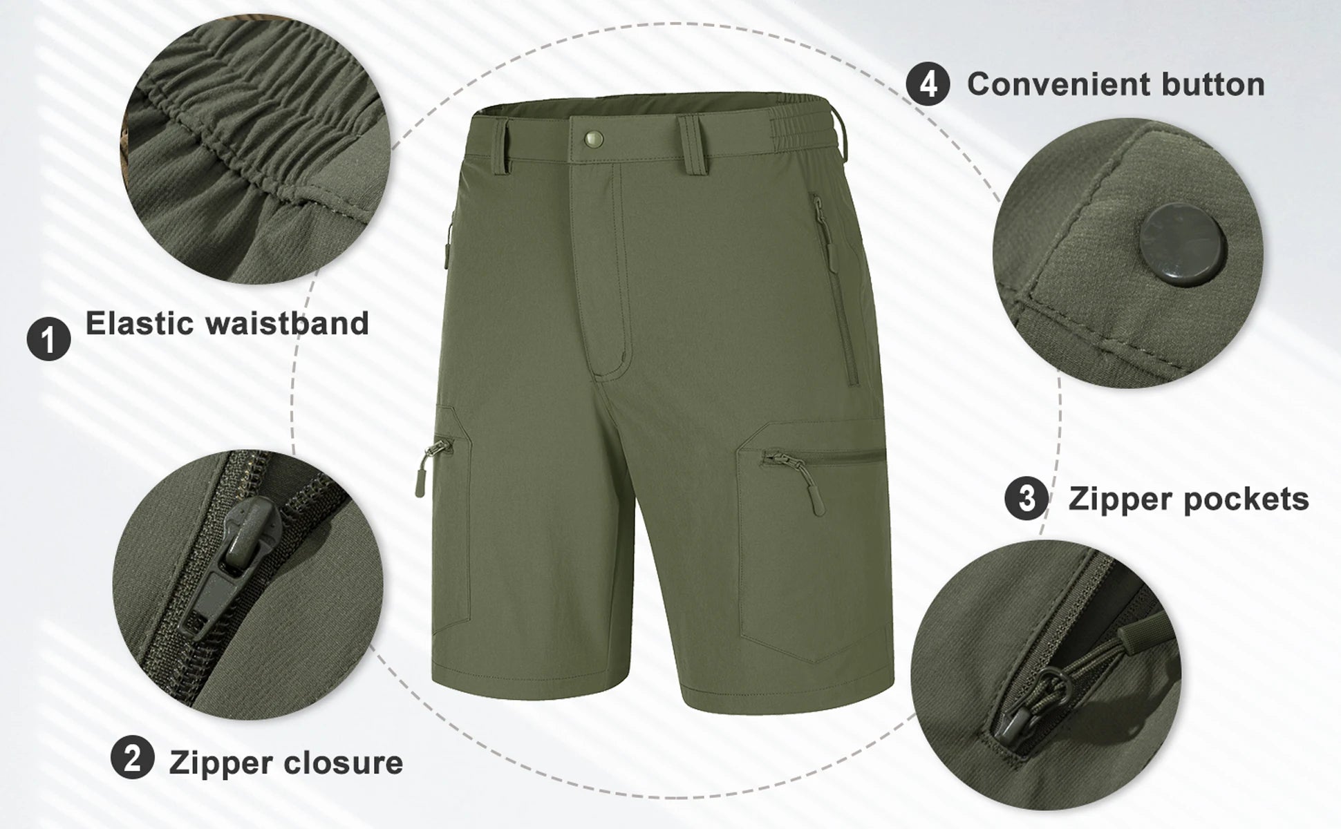 TACVASEN Short cargo d'été à 5 poches zippées, séchage rapide, pour homme, short de pêche, extensible, pour la randonnée en plein air, short de travail en nylon, léger