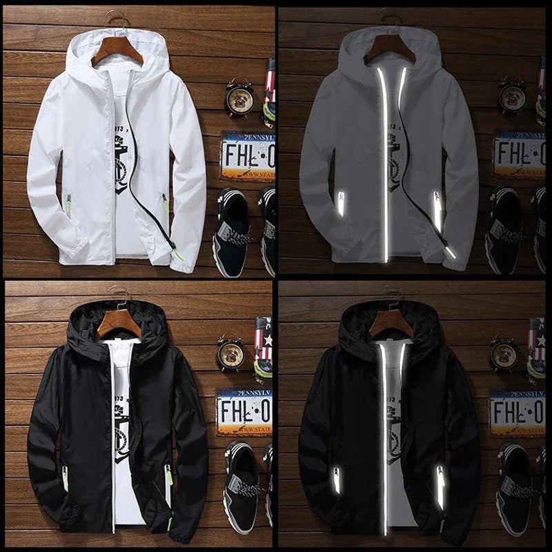 Veste fine réfléchissante de film pour hommes, coupe-vent à capuche, veste de sport de pilote, veste de pilote de vélo de plage