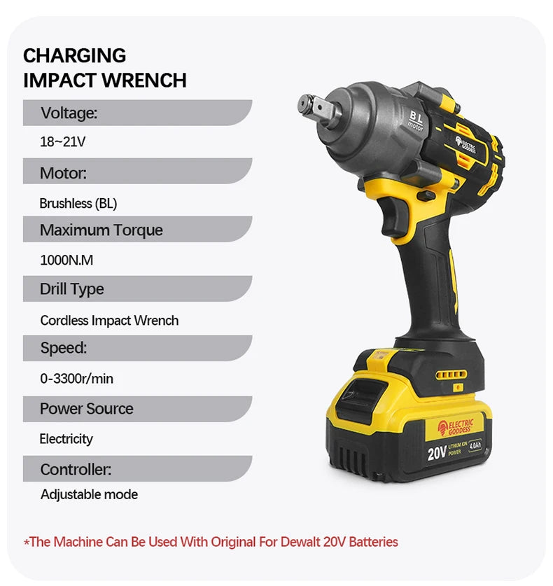 Clé électrique sans balais à couple élevé 1000N · M, clé à chocs de 1/2 pouces, grande Machine-outil de Service pour broche de batterie Dewalt 20V
