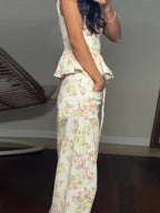 Ensemble pantalon long imprimé floral pour femme – Gilet élégant sans manches et dos nu avec pantalon large – Tenue chic pour les vacances d'été
