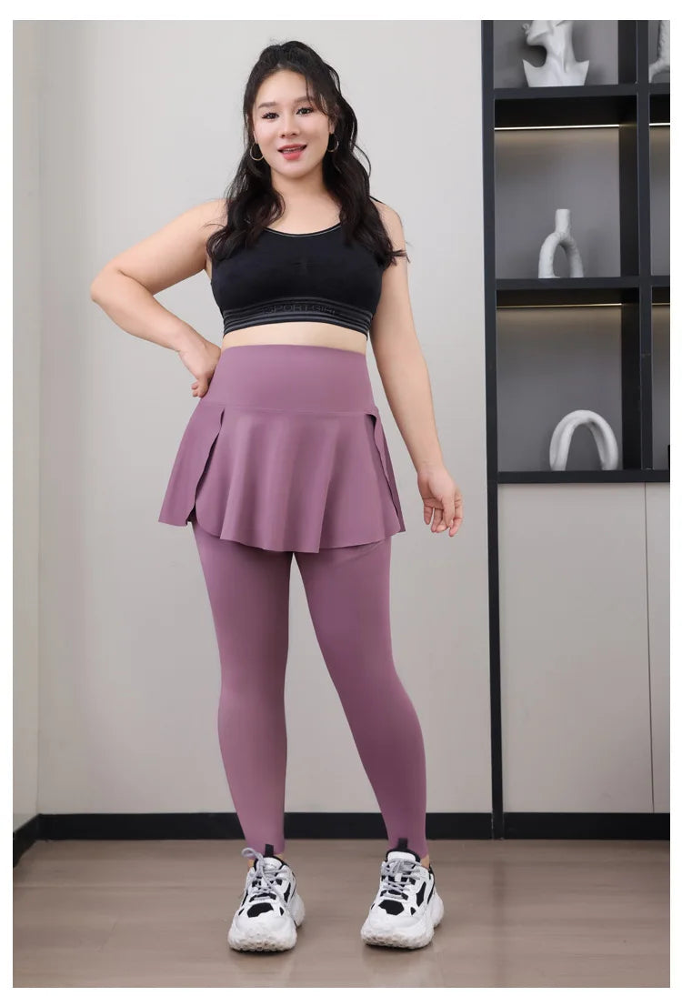Leggings de Yoga faux deux articles, grande taille, 200lb, avec poches, jupe taille haute en peau de requin, pantalon d'entraînement, collants Slim