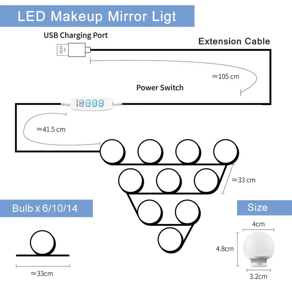 Ampoules LED détachables pour miroir de maquillage professionnel, alimentation USB, lumière pour miroir cosmétique, coiffeuse Hollywood, lumières de vanité
