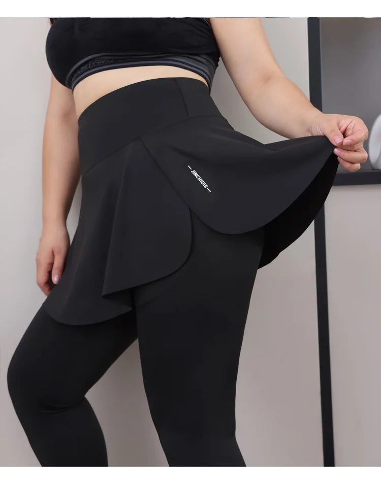 Leggings de Yoga faux deux articles, grande taille, 200lb, avec poches, jupe taille haute en peau de requin, pantalon d'entraînement, collants Slim