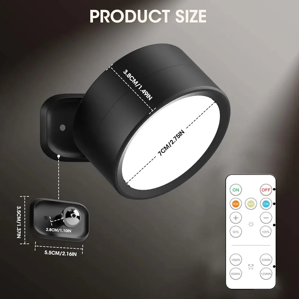 Applique murale LED magnétique, lumières magnétiques à intensité variable, 360 °   Lampe de nuit de projecteur d'armoire de télécommande tactile de rotation