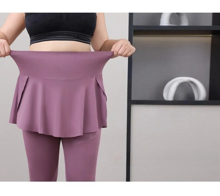 Leggings de Yoga faux deux articles, grande taille, 200lb, avec poches, jupe taille haute en peau de requin, pantalon d'entraînement, collants Slim