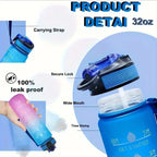 Bouteille d'eau de sport 1L avec paille, marqueur de temps, dégradé de couleur, bouteille de motivation, étanche, tasse d'eau potable pour étudiant en plein air