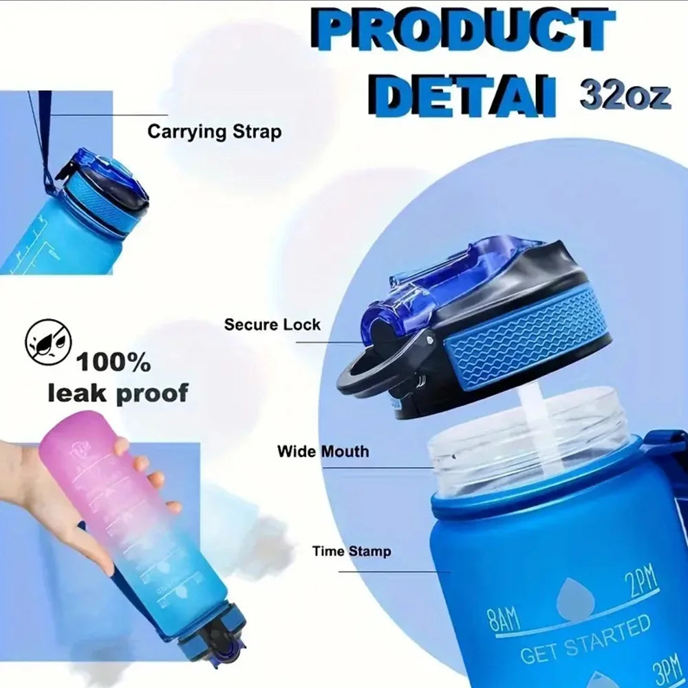 Bouteille d'eau de sport 1L avec paille, marqueur de temps, dégradé de couleur, bouteille de motivation, étanche, tasse d'eau potable pour étudiant en plein air