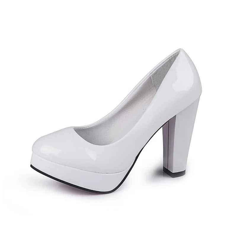 Escarpins à talons hauts pour femmes, chaussures De mariage blanches, talons épais De 10 CM, escarpins De fête à la mode, chaussures rondes noires et rouges