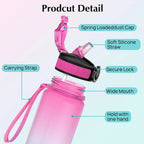 Bouteille d'eau de sport 1L avec paille, marqueur de temps, dégradé de couleur, bouteille de motivation, étanche, tasse d'eau potable pour étudiant en plein air
