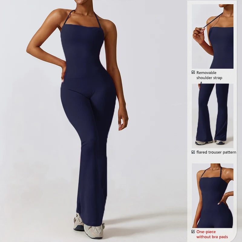 Nouvelle combinaison de yoga sans manches pour femme, salopette évasée de sport à dos nu pour la gym, tenue de sport pour femme