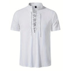 Chemise rétro à manches courtes pour hommes, en coton et lin, légère, respirante, couleur unie, hauts à la mode, col en v Pirate, chemises élégantes pour hommes