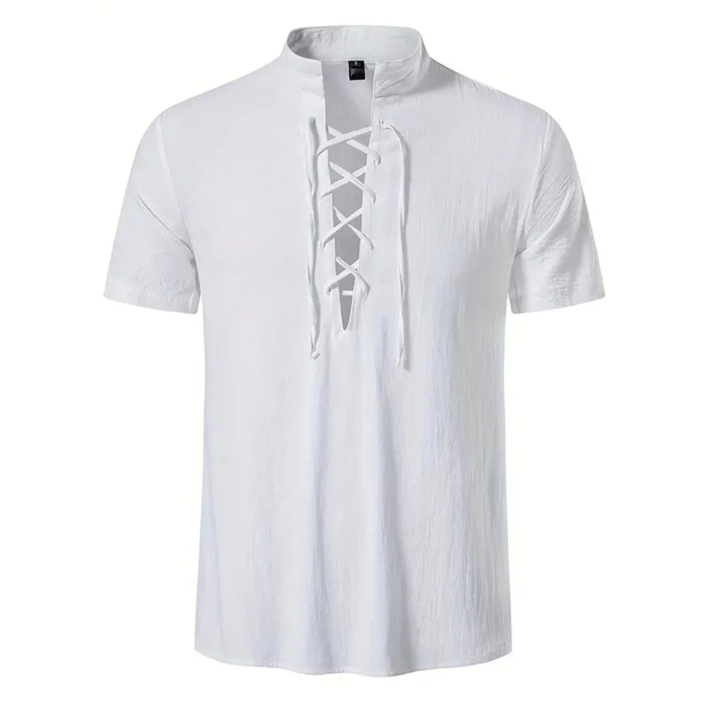 Chemise rétro à manches courtes pour hommes, en coton et lin, légère, respirante, couleur unie, hauts à la mode, col en v Pirate, chemises élégantes pour hommes