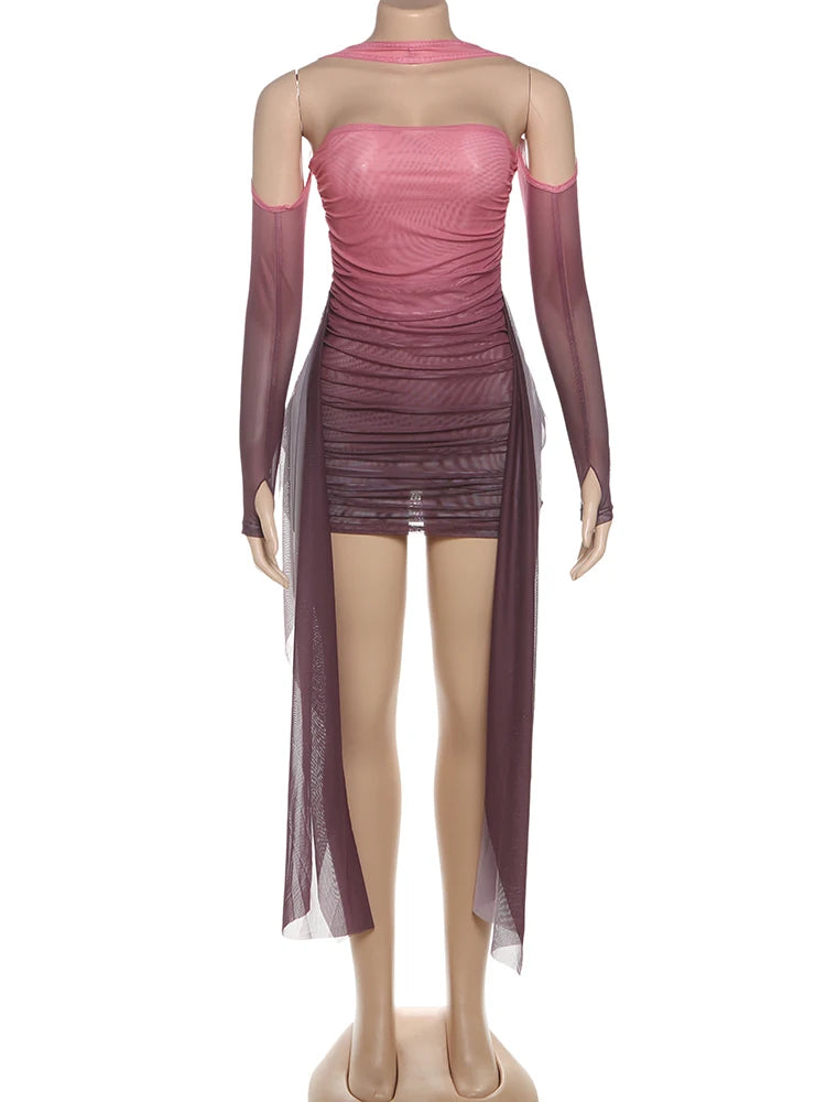 Kliou – Mini robe en maille Simple pour femmes, mode, couleur unie, sans bretelles, rubans, pompon, façonnant le corps, gants à manches longues