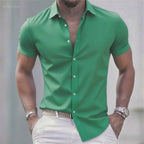 Chemise décontractée pour hommes de couleur unie, tissu extensible à manches courtes décontracté à la mode, chemise formelle d'affaires, tissu confortable
