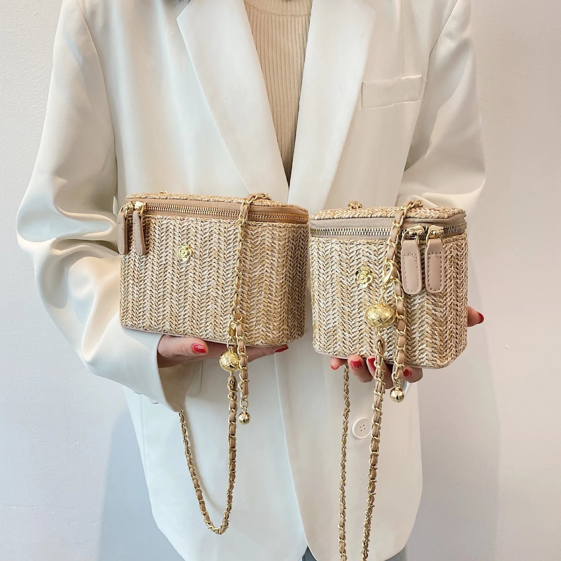 Mini sac à bandoulière seau en paille pour femmes, sacs à main et bourses de marque tissés avec chaîne à la mode, sacs à bandoulière simples, été 2026