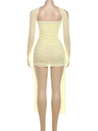 Kliou – Mini robe en maille Simple pour femmes, mode, couleur unie, sans bretelles, rubans, pompon, façonnant le corps, gants à manches longues