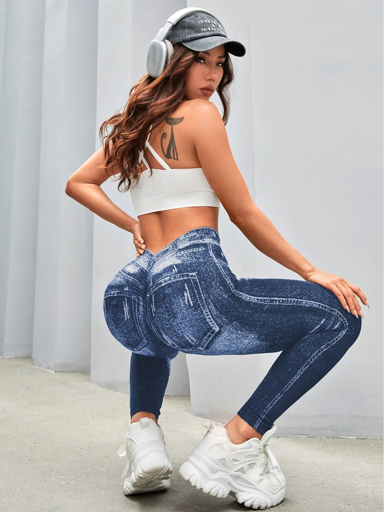 Femmes dos en V Jean Leggings pantalons de Yoga de gymnastique décontracté élastique exercice d'entraînement Fitness course collants de Fitness