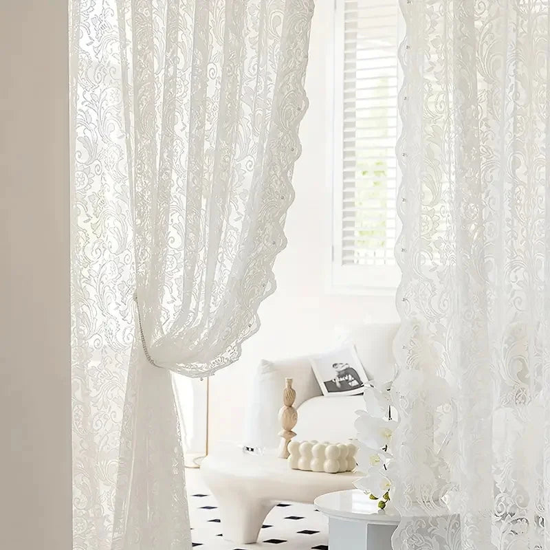 Rideau élégant en dentelle et perles de pays français, 1 pièce, avec motif de queue de phénix, parfait pour les salons et les chambres à coucher