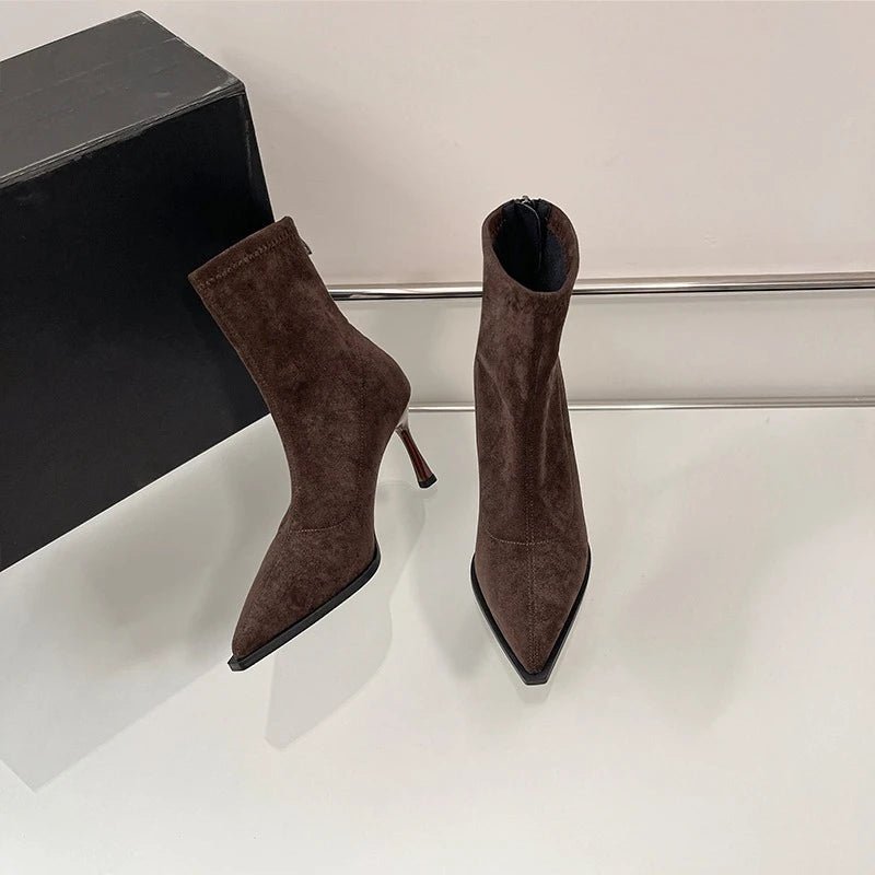 Bottines à talons hauts et bout pointu pour femme, chaussures de soirée de danse élégantes, à la mode, courtes et fines, extensibles, automne et hiver