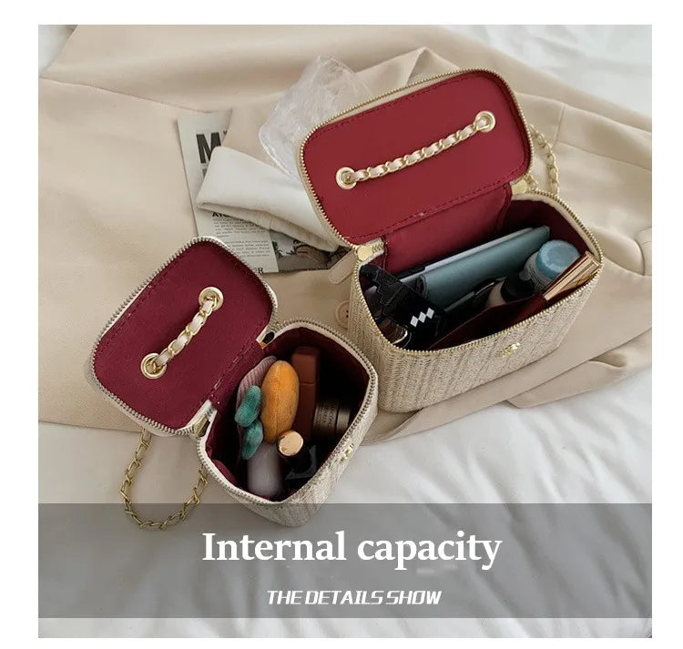 Mini sac à bandoulière seau en paille pour femmes, sacs à main et bourses de marque tissés avec chaîne à la mode, sacs à bandoulière simples, été 2026